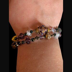 Artisan Made Art Glass Bead Gold Tone Button Closure 7.25" Bracelet